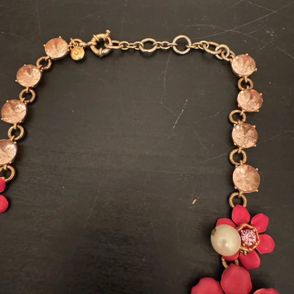 J. Crew Pearl Crystal Floral Necklace Pink Hibiscus Flower Statement - Picture 3 of 6